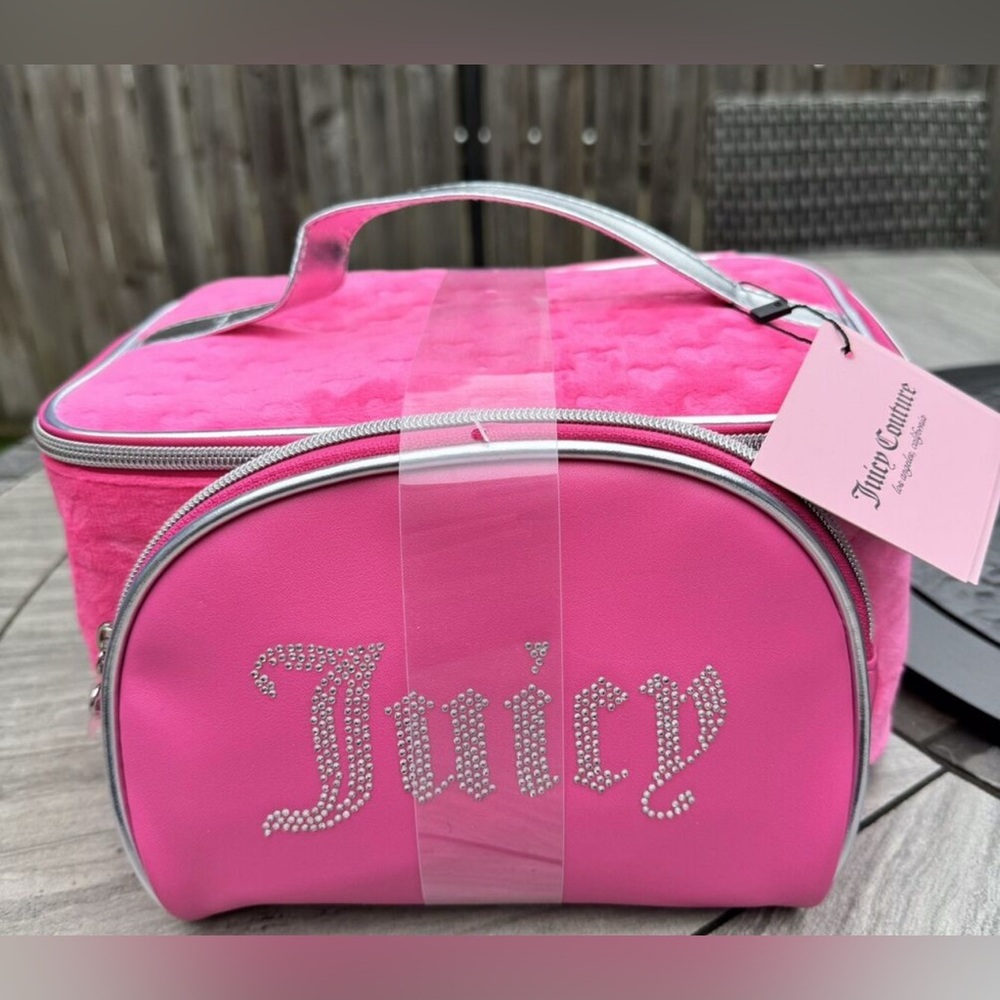 Juicy Couture 2 Piece Travel Cosmetic Bag Pink Velour Logo Bling NWT!